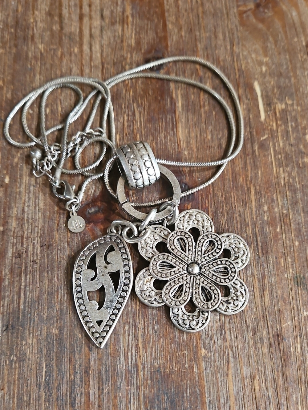 Vintage JJ Filigree Flower And Leaf Pendants On A Silvertone Snake Chain